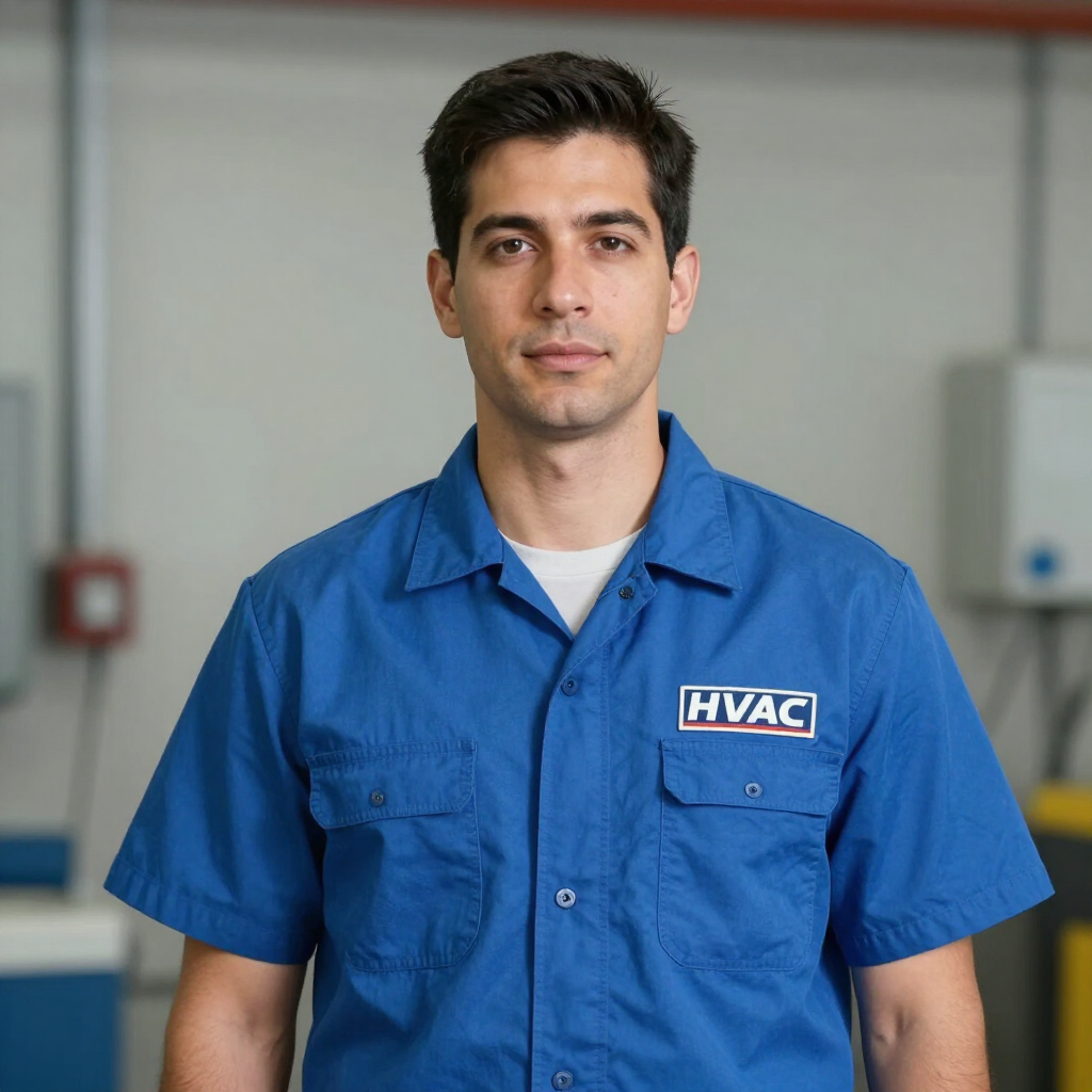 HVAC technician in a blue uniform standing indoors, facing the camera.