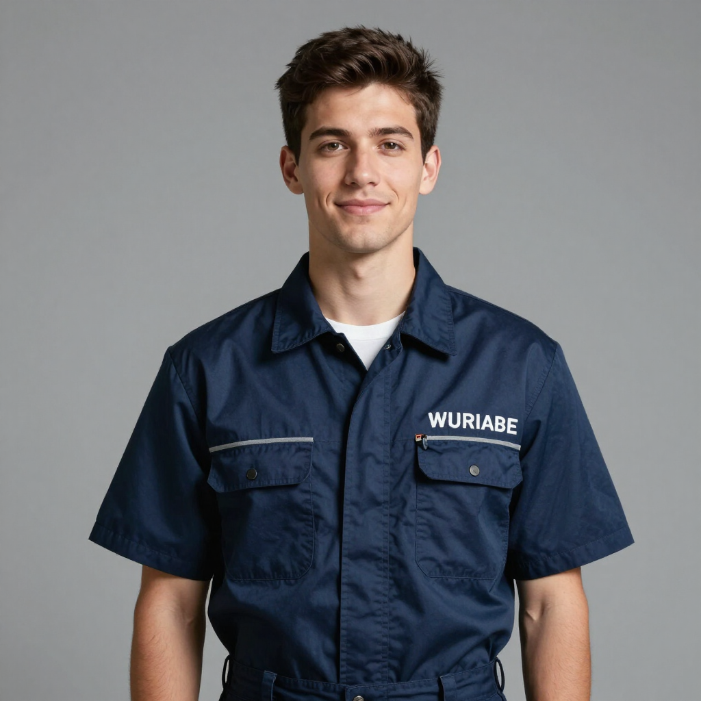 Man in navy work uniform standing against a gray studio background, wearing a shirt labeled “WURIABE.”