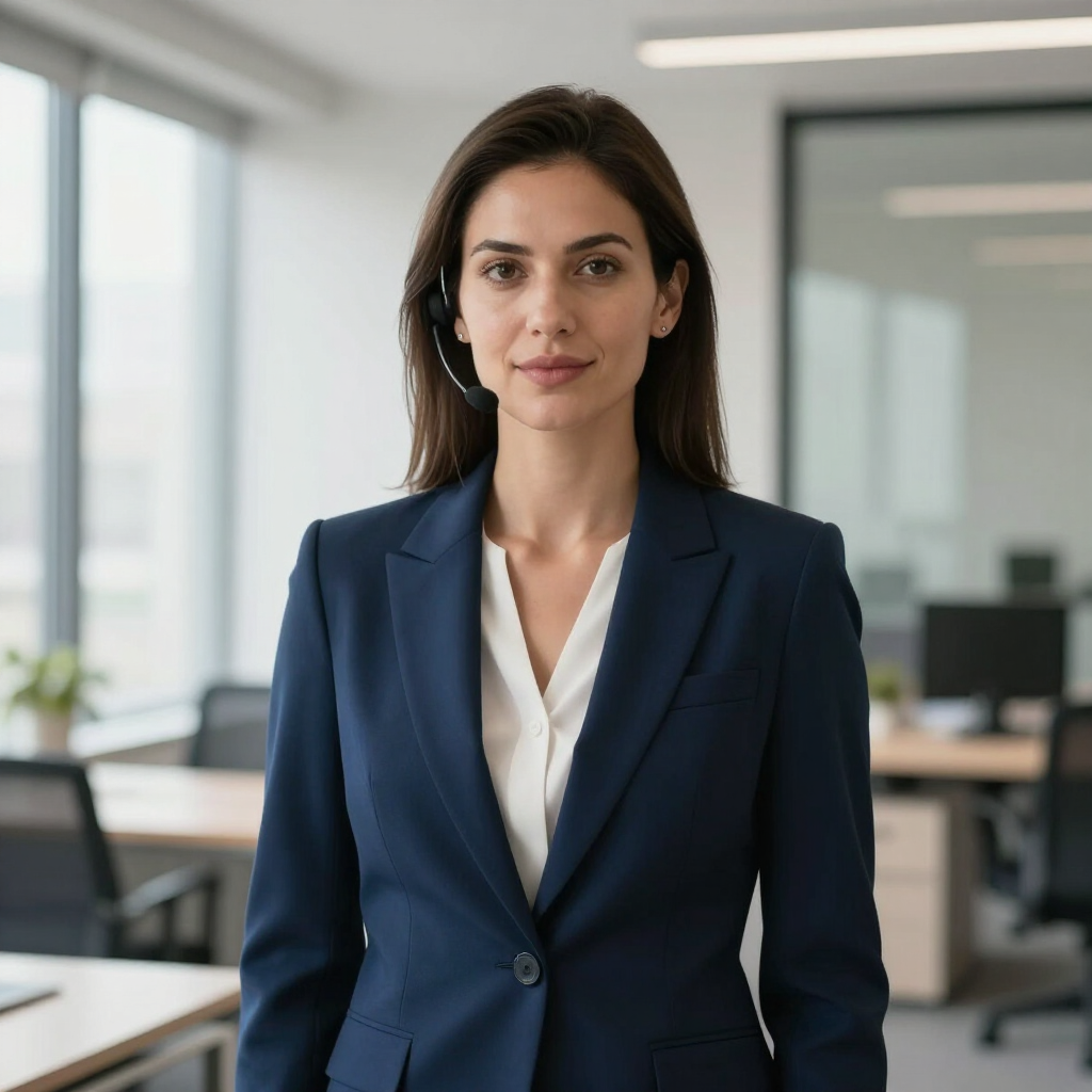 Professional woman in a navy blazer standing in a bright modern office