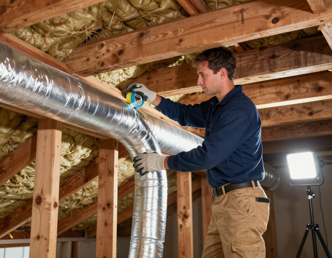 Technician installing silver HVAC ductwork in an attic with a power tool