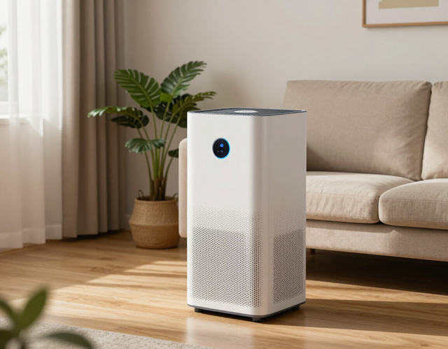 White air purifier on a wooden floor in a bright living room beside a potted plant and sofa