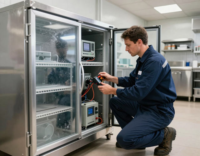 Technician kneeling beside an open equipment cabinet, adjusting wiring in a bright lab.