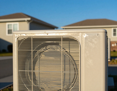 Outdoor air conditioner unit with a fan grille in front of suburban houses at dusk