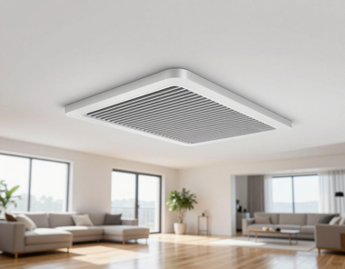 Modern living room with large windows, sofas, and a square ceiling vent or air diffuser