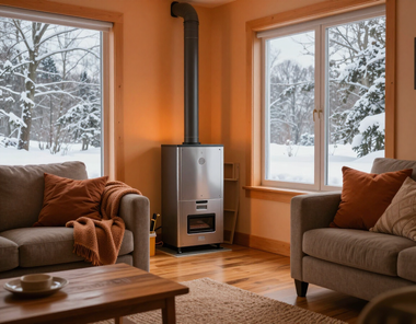 Cozy living room with a wood stove, beige sofas, orange walls, and snowy windows.