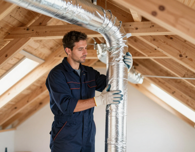 Technician installing silver HVAC ductwork in an unfinished attic with exposed wooden beams