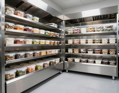 Bright commercial kitchen walk-in cooler with shelves of labeled food containers and ingredients