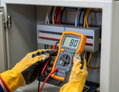Gloved technician testing electrical panel with digital multimeter showing 80