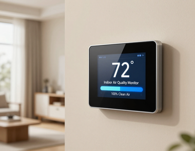 Wall-mounted smart thermostat displaying 72° in a modern living room