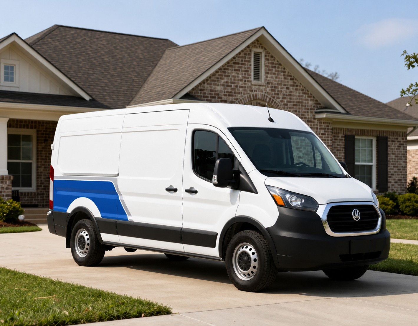 White cargo van with blue stripe parked in a suburban driveway in front of a house