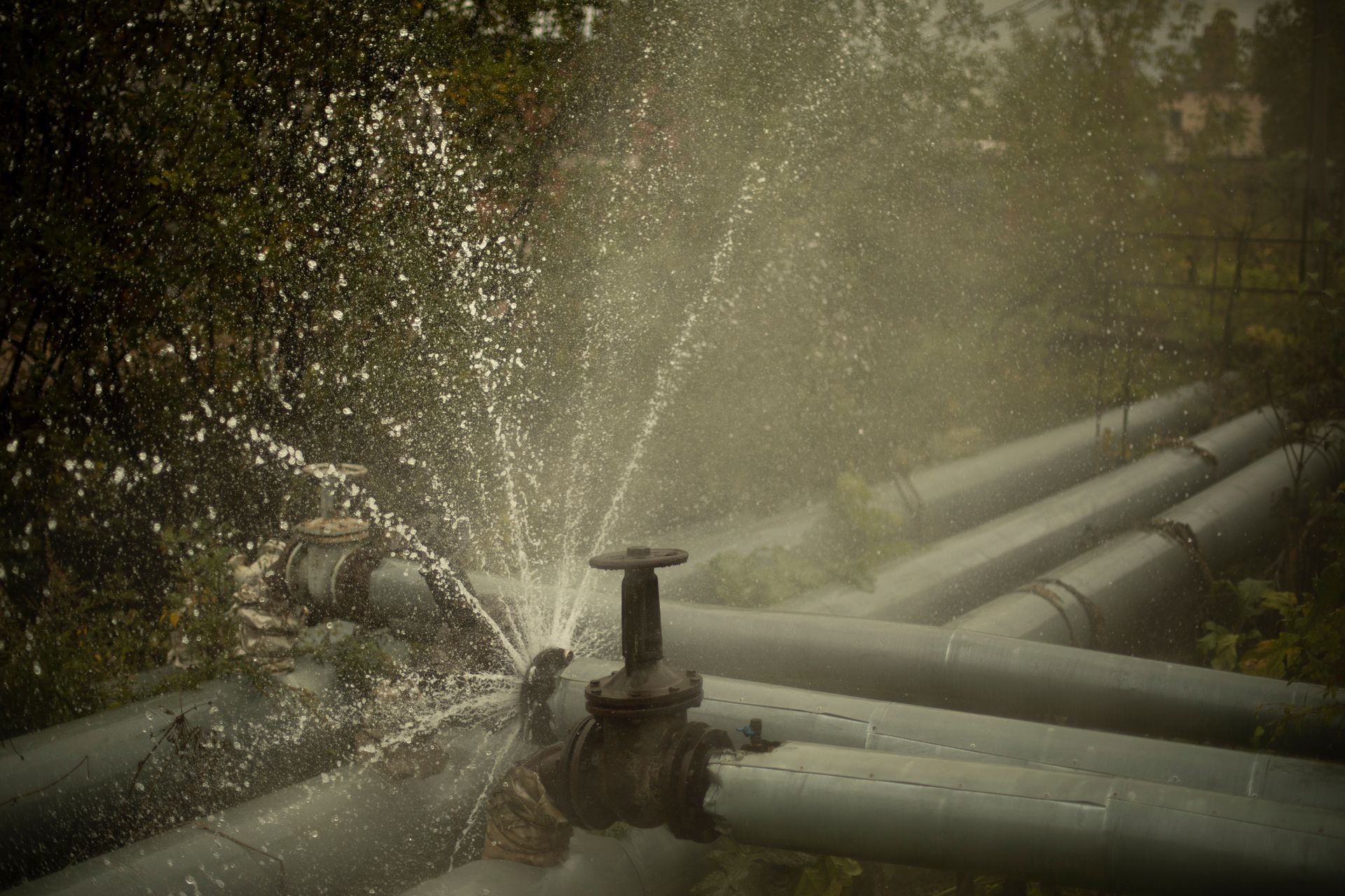A water pipe is bursting with water coming out of it.