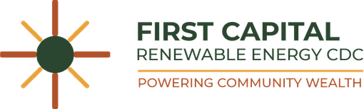 First Capital Renewable Energy CDC logo with green and orange sunburst icon and slogan “Powering Community Wealth”