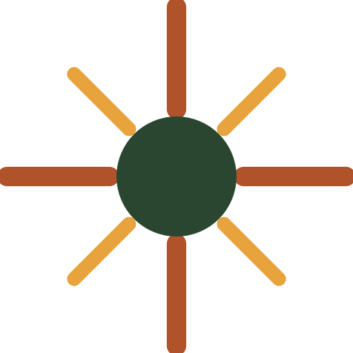 Stylized sun icon with a dark green center and brown and yellow rays on a white background