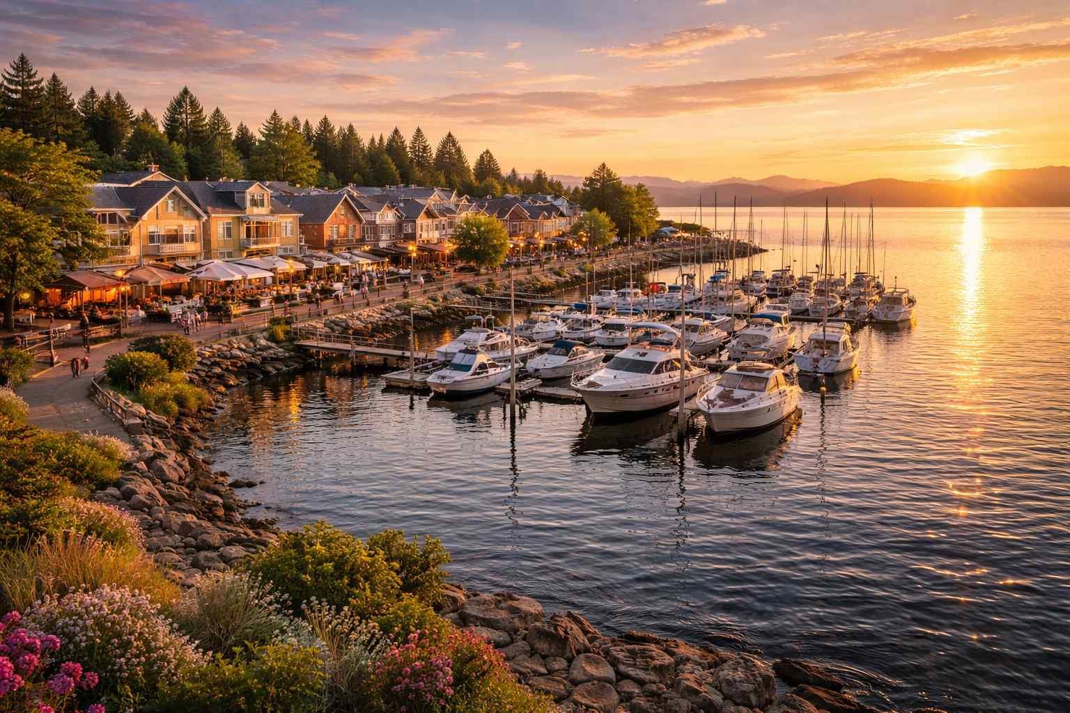 Boats docked in a harbor during a golden sunset, with a shoreline featuring buildings and lush trees.