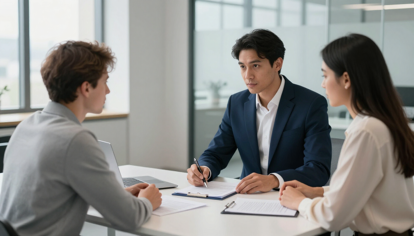 Three people in a meeting at a table, with one man taking notes and documents spread out.