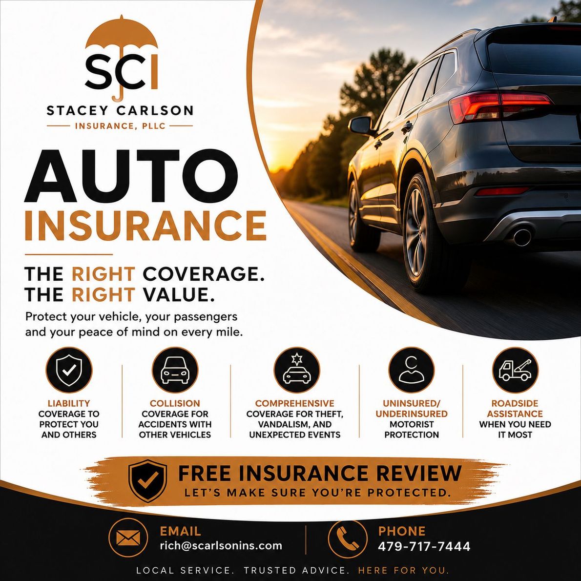 Auto insurance ad for Stacey Carlson Insurance LLC with black SUV on road at sunset and “free insurance review” text