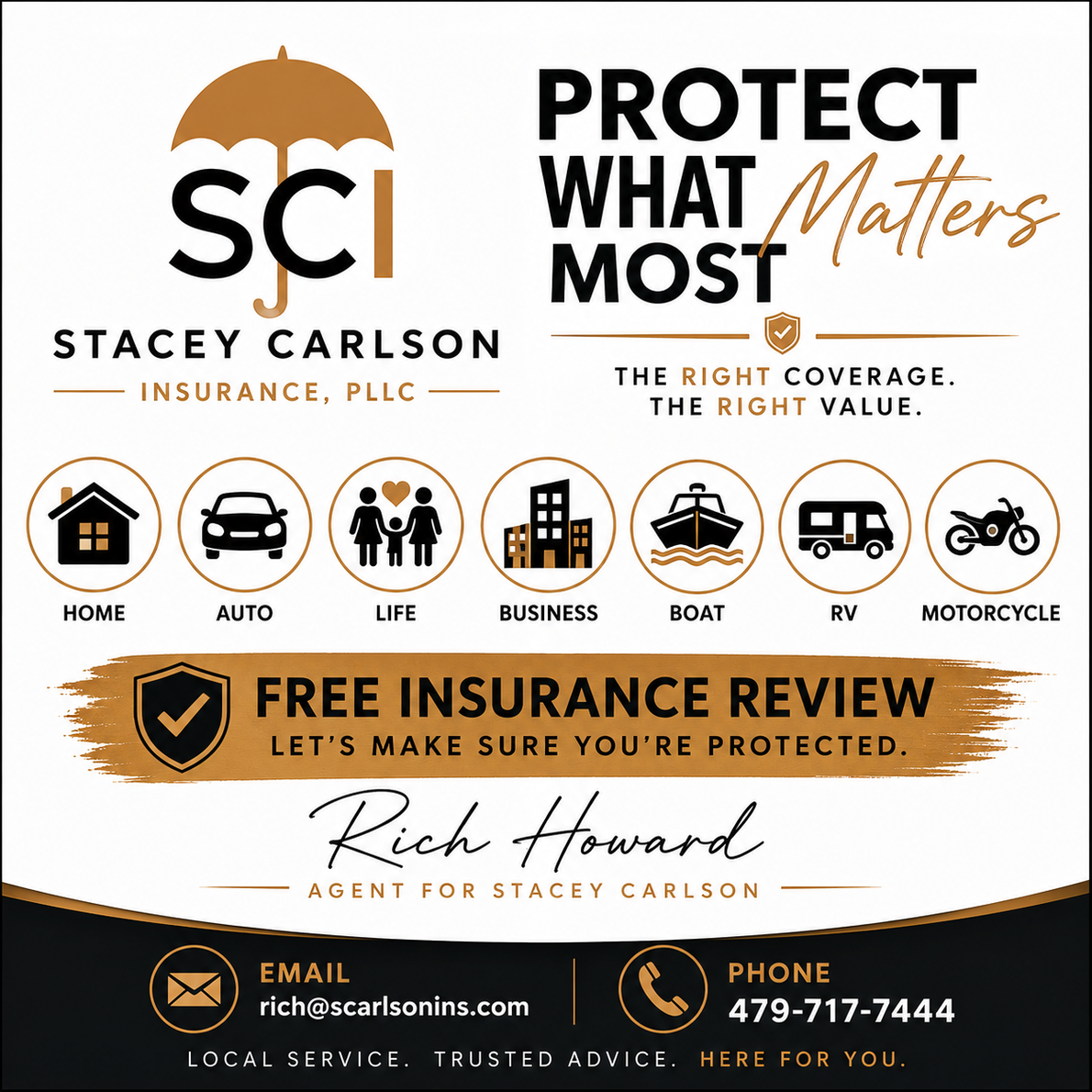 Stacey Carlson Insurance ad with logo, “Protect What Matters Most,” and free insurance review offer.