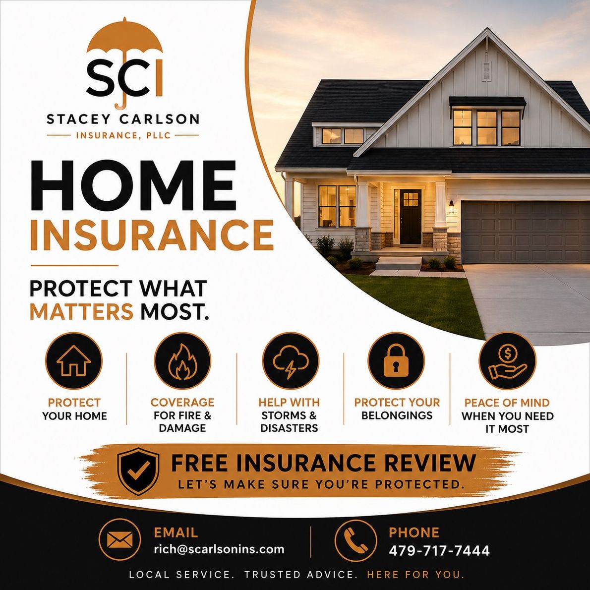 Stacey Carlson home insurance ad with house photo, “Protect what matters most,” and free insurance review callout