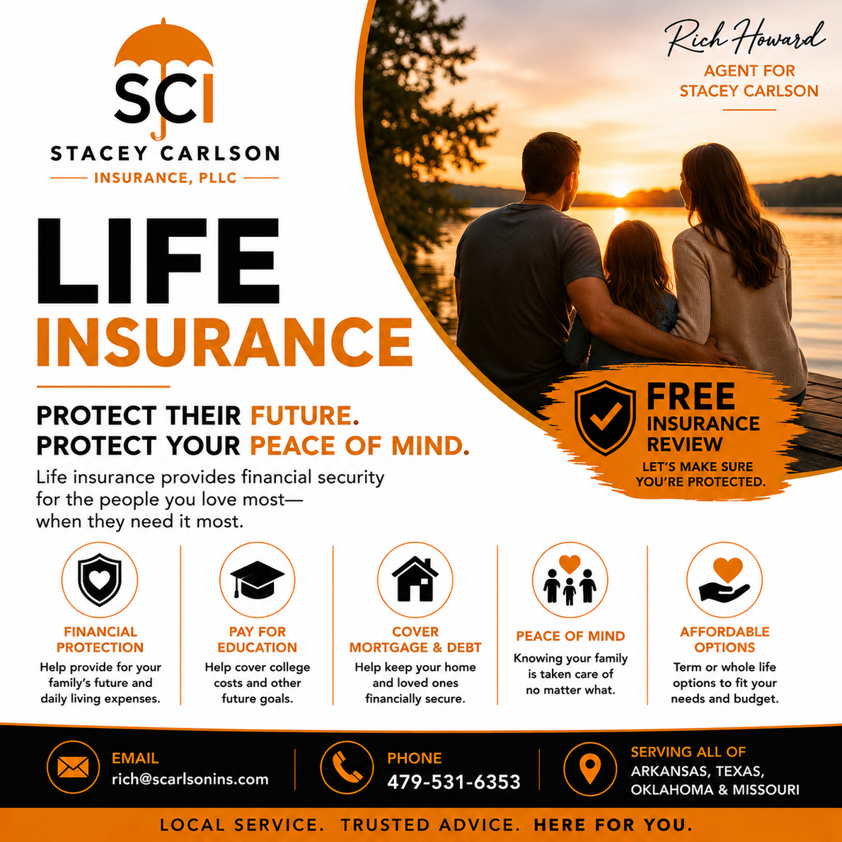 Life insurance ad with sunset couple, orange and black branding, and free insurance review badge