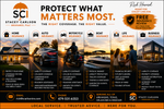 Black-and-orange SCI pest control ad with four service panels and contact info, “Protect what matters most.”