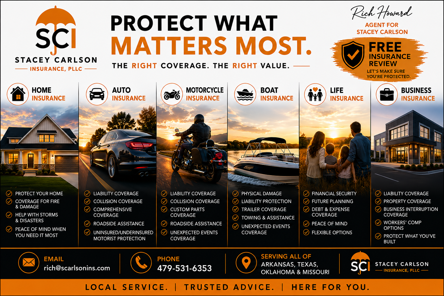 Black-and-orange SCI pest control ad with four service panels and contact info, “Protect what matters most.”