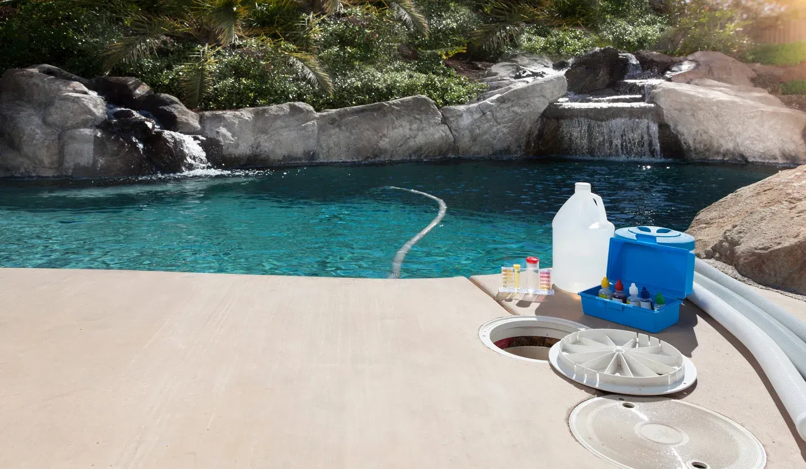 Poolside patio with cleaning supplies beside a turquoise swimming pool and rock waterfall backdrop