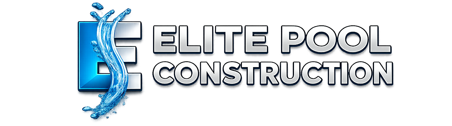 Elite Pool Construction logo with blue water splash and navy text on white background
