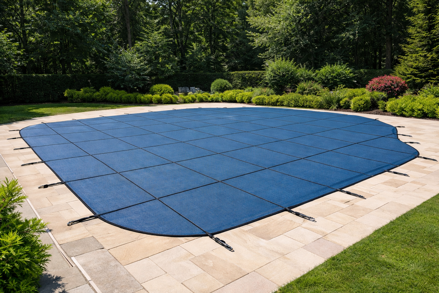 Blue pool cover on a backyard pool surrounded by beige pavers and green landscaping