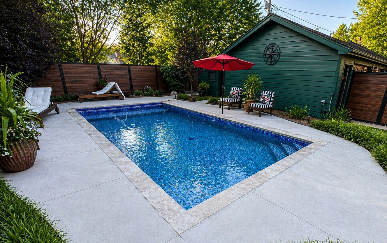Backyard pool with blue water, white concrete patio, red umbrella, and green shed surrounded by trees.