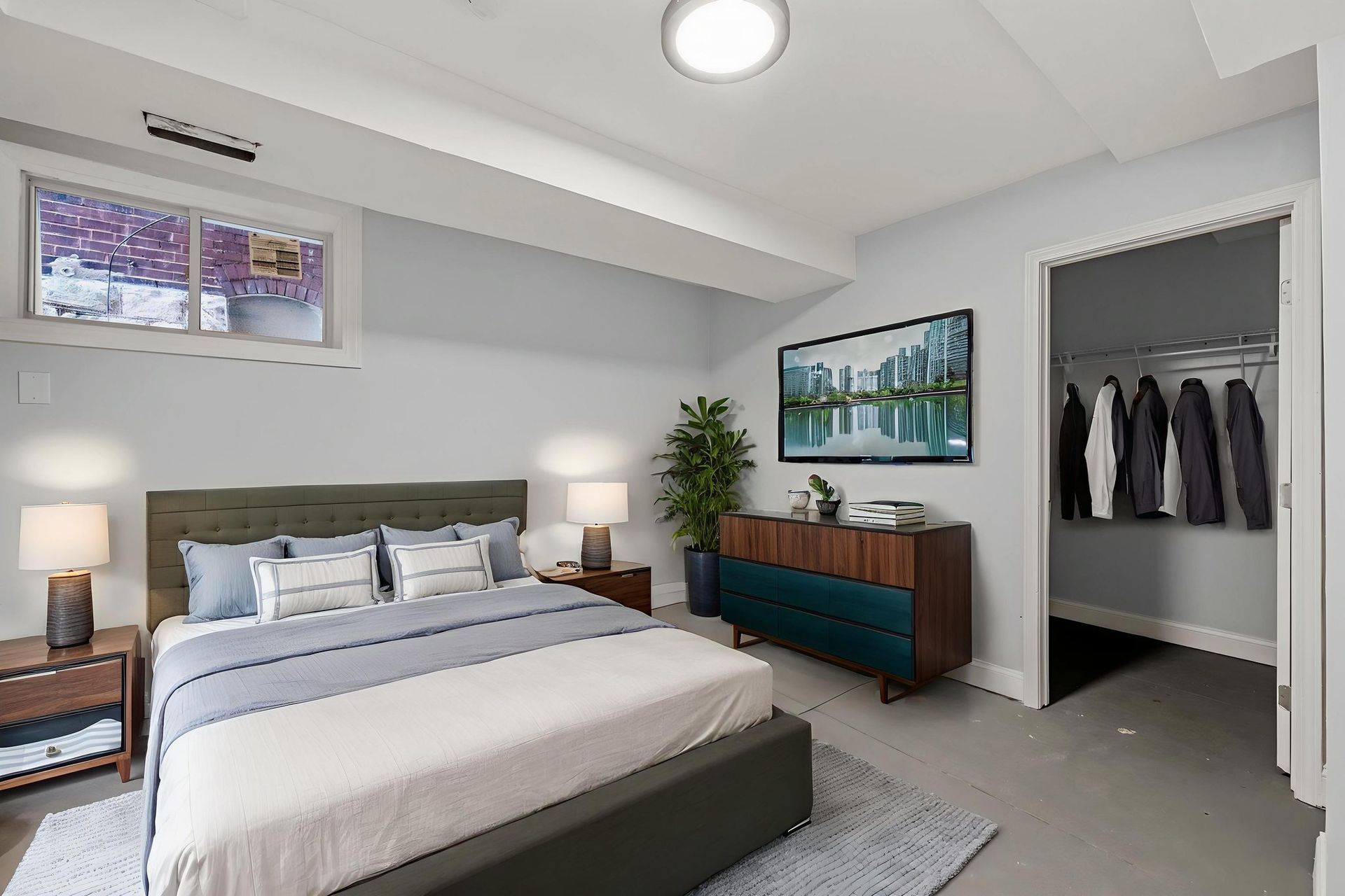 Bedroom with bed, dresser, closet, lamps, and a window. Light blue walls and gray flooring.