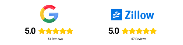 Google and Zillow logos with 5-star ratings.