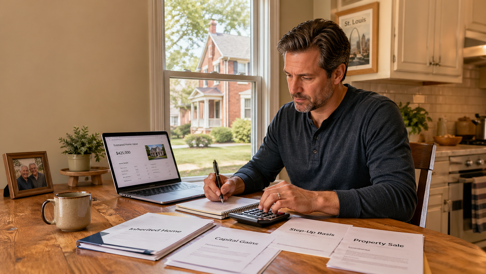 Man working at a kitchen table with laptop, papers, calculator, and pen by a bright window