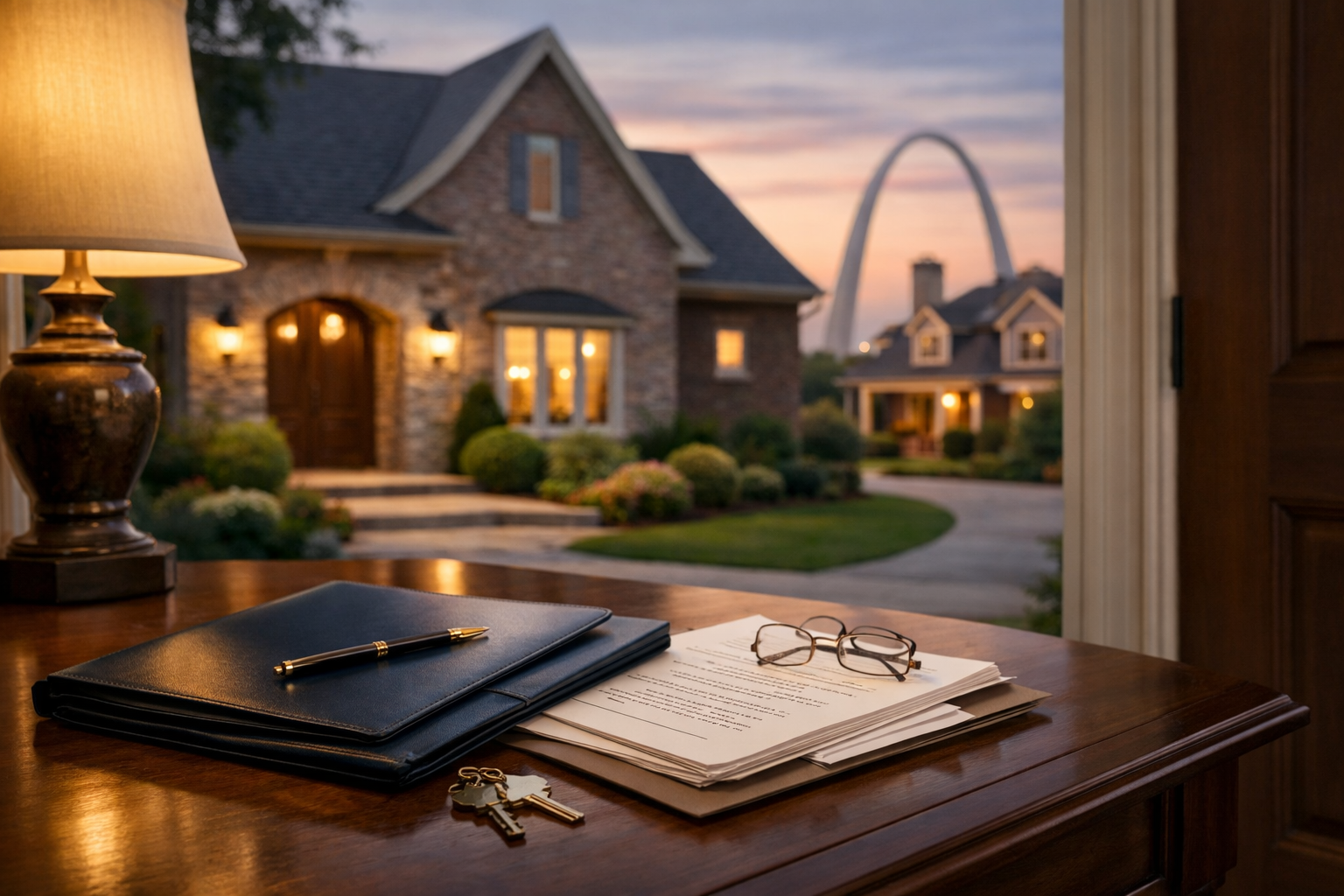 A desk with keys and documents overlooks a home at twilight with the St. Louis Gateway Arch in the distance.