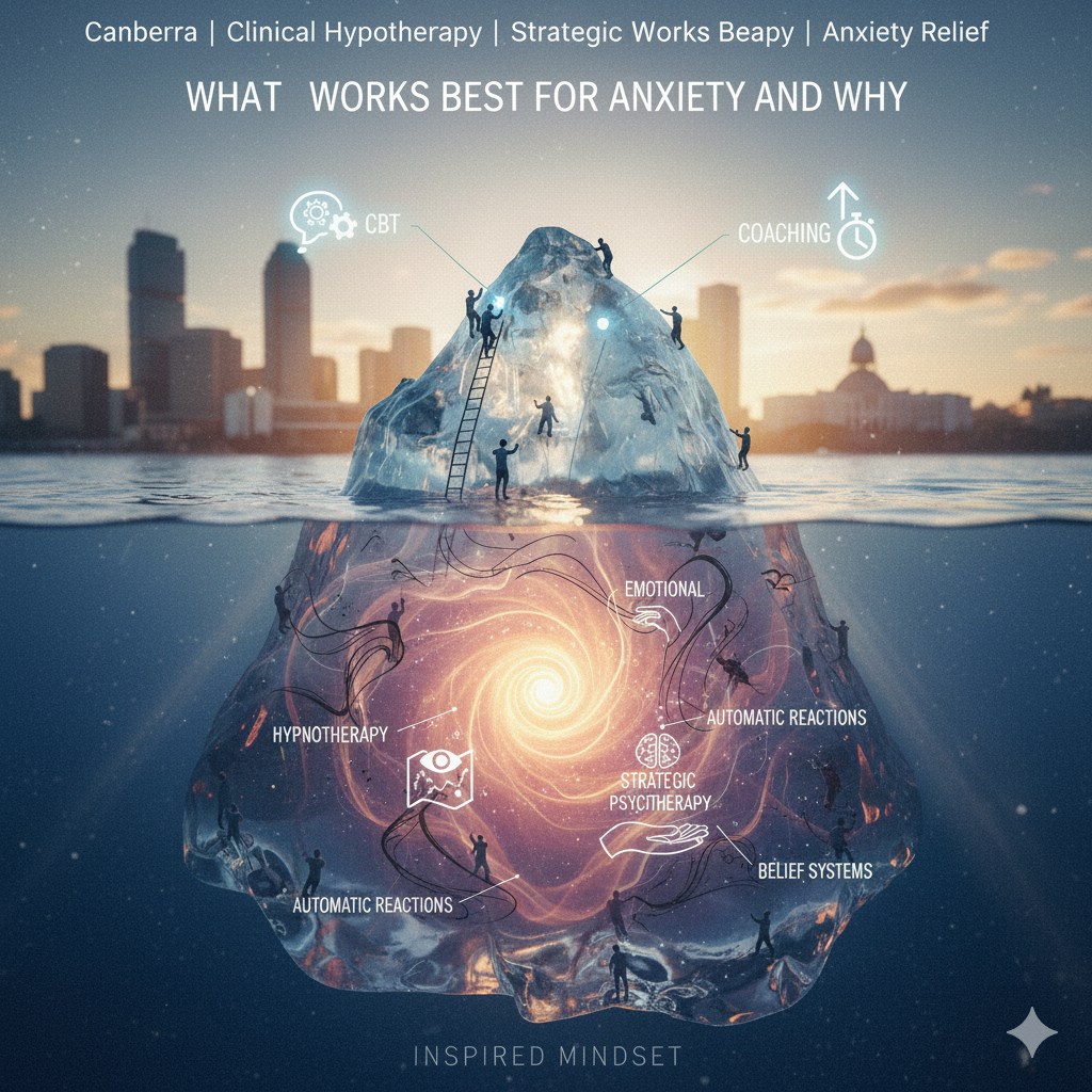 An iceberg metaphor illustrating anxiety treatments with figures on the surface and psychological processes underwater.
