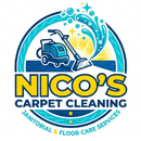 A circular logo for "Nico's Carpet Cleaning" featuring a blue floor cleaner with a yellow sunburst and water splash design.