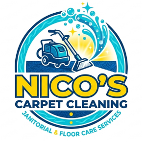 A circular logo for "Nico's Carpet Cleaning" featuring a blue floor cleaner with a yellow sunburst and water splash design.