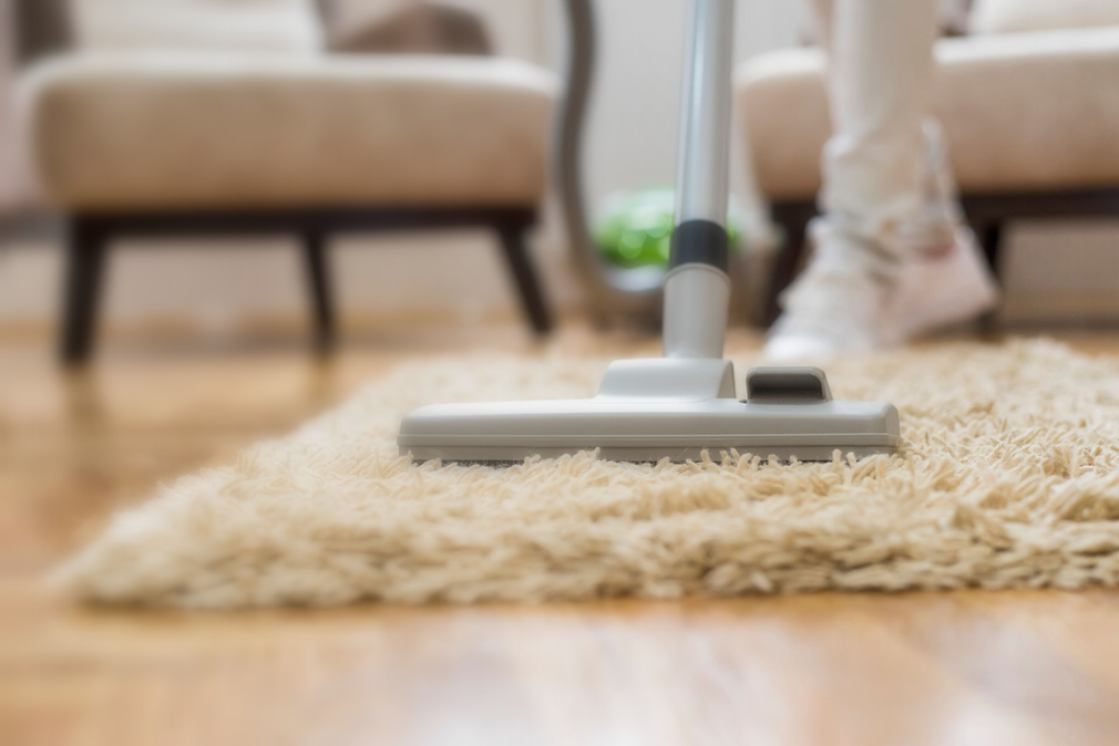 A vacuum cleaner nozzle cleaning a plush, cream-colored rug on a wooden floor in a living room.