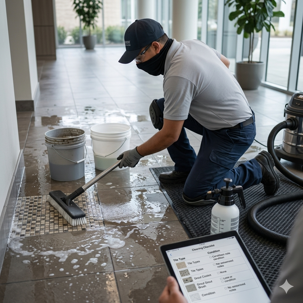 A worker scrubs a soapy, tiled floor in an indoor space while holding a digital tablet with a cleaning checklist.