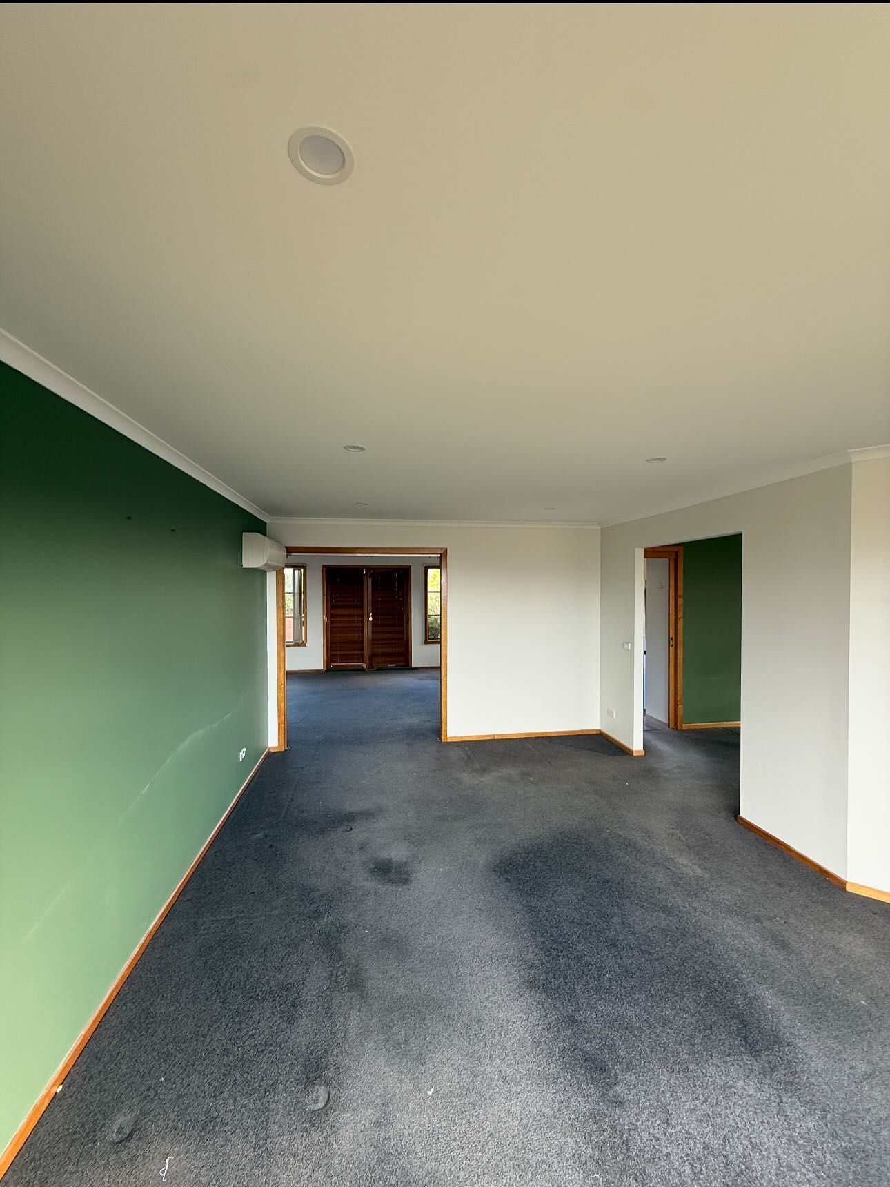 Empty room with dark blue carpet, green accent wall, and white ceiling and walls. Doors lead to other rooms.
