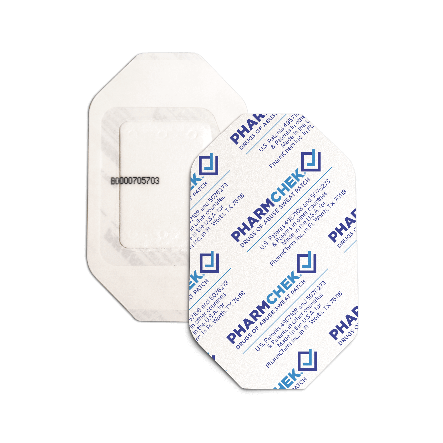 Two white adhesive blister-pack labels, one blank and one printed with blue text.