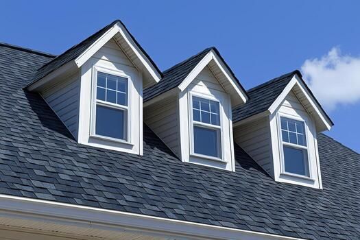 Three beige dormer windows with white frames and grid patterns set into a dark gray shingled roof under a clear blue sky.