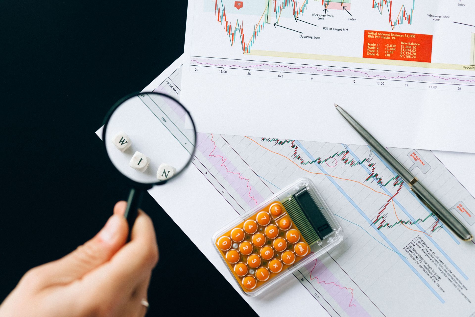Magnifying glass over financial charts with pills, suggesting analysis of medicine costs