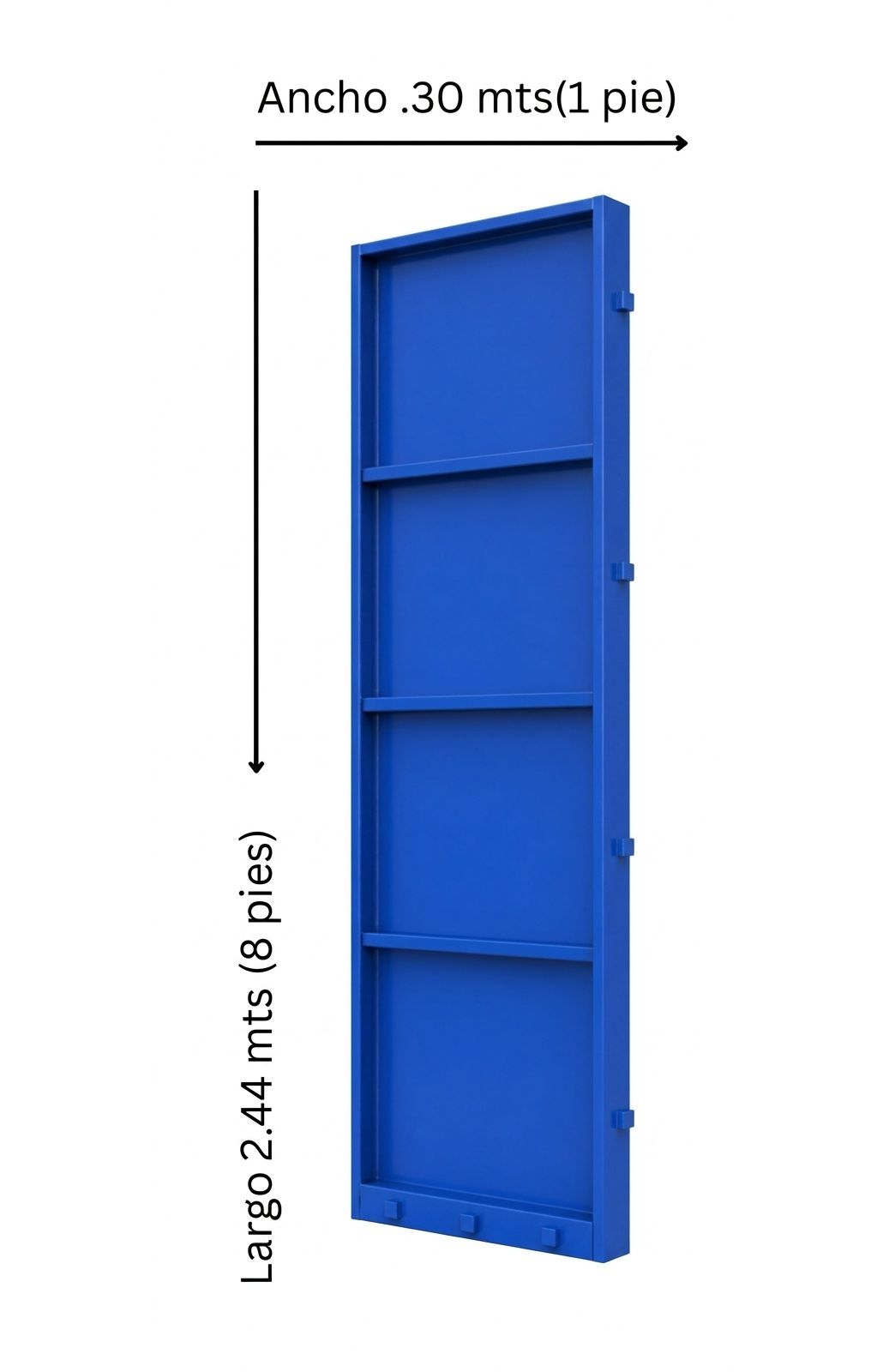 Puerta metálica azul con las dimensiones indicadas: 30 m de ancho y 2,44 m de alto.