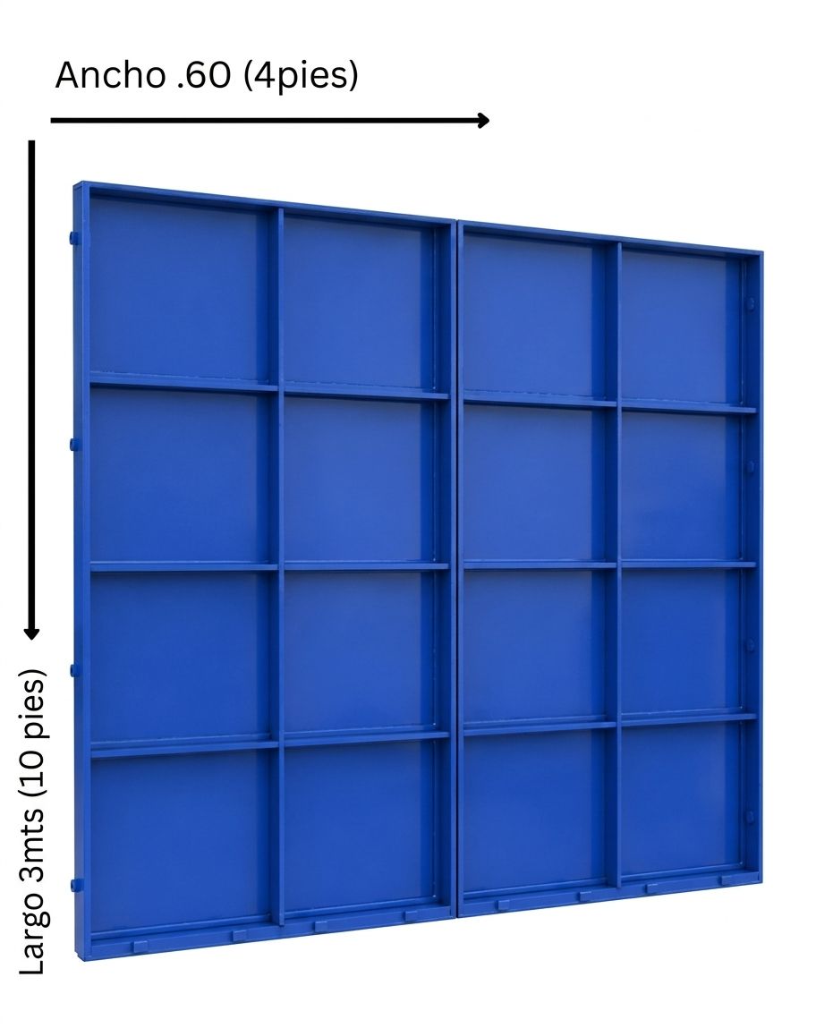Estantería de pared azul de cuatro niveles, con las dimensiones indicadas: 4 ft de ancho y 10 ft de alto.