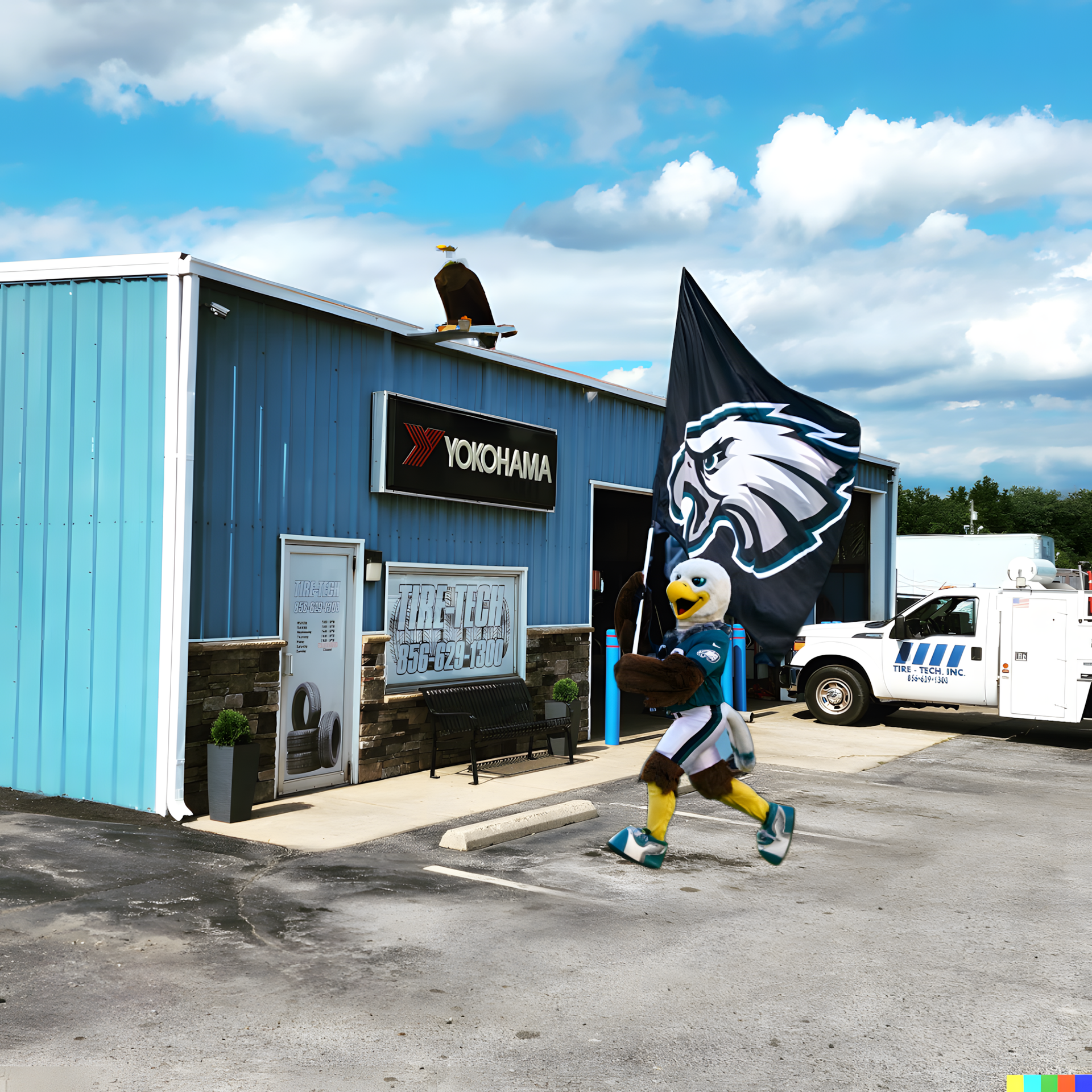 Shop Exterior, Mascot Holding a Flag with an Eagle Logo | Tire Tech