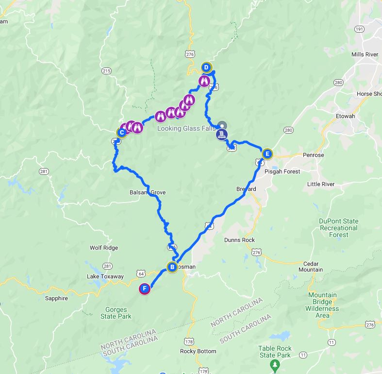 A map showing the route of a hike in the mountains.