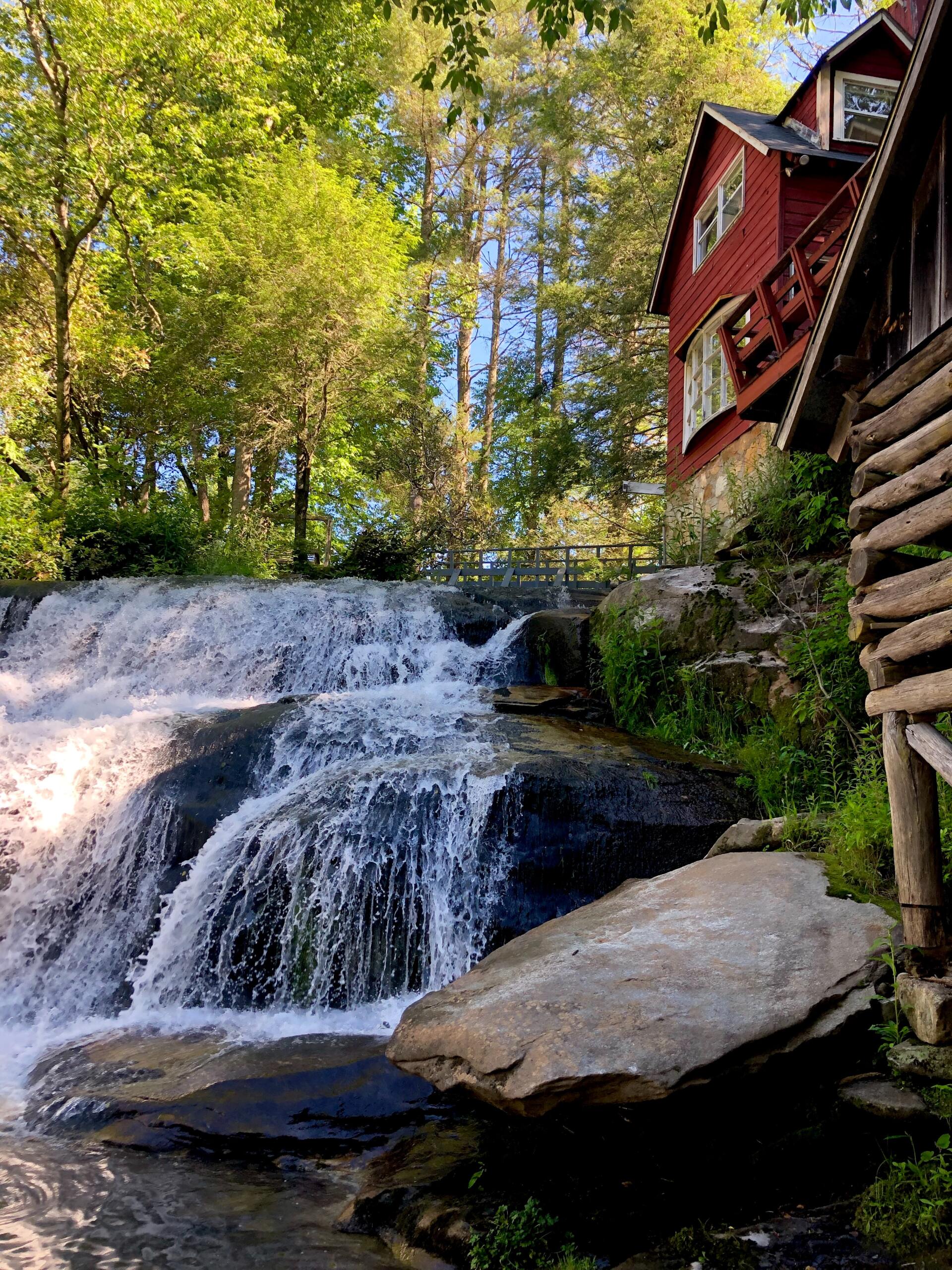 a waterfall in the middle of a forest with a red house in the background .