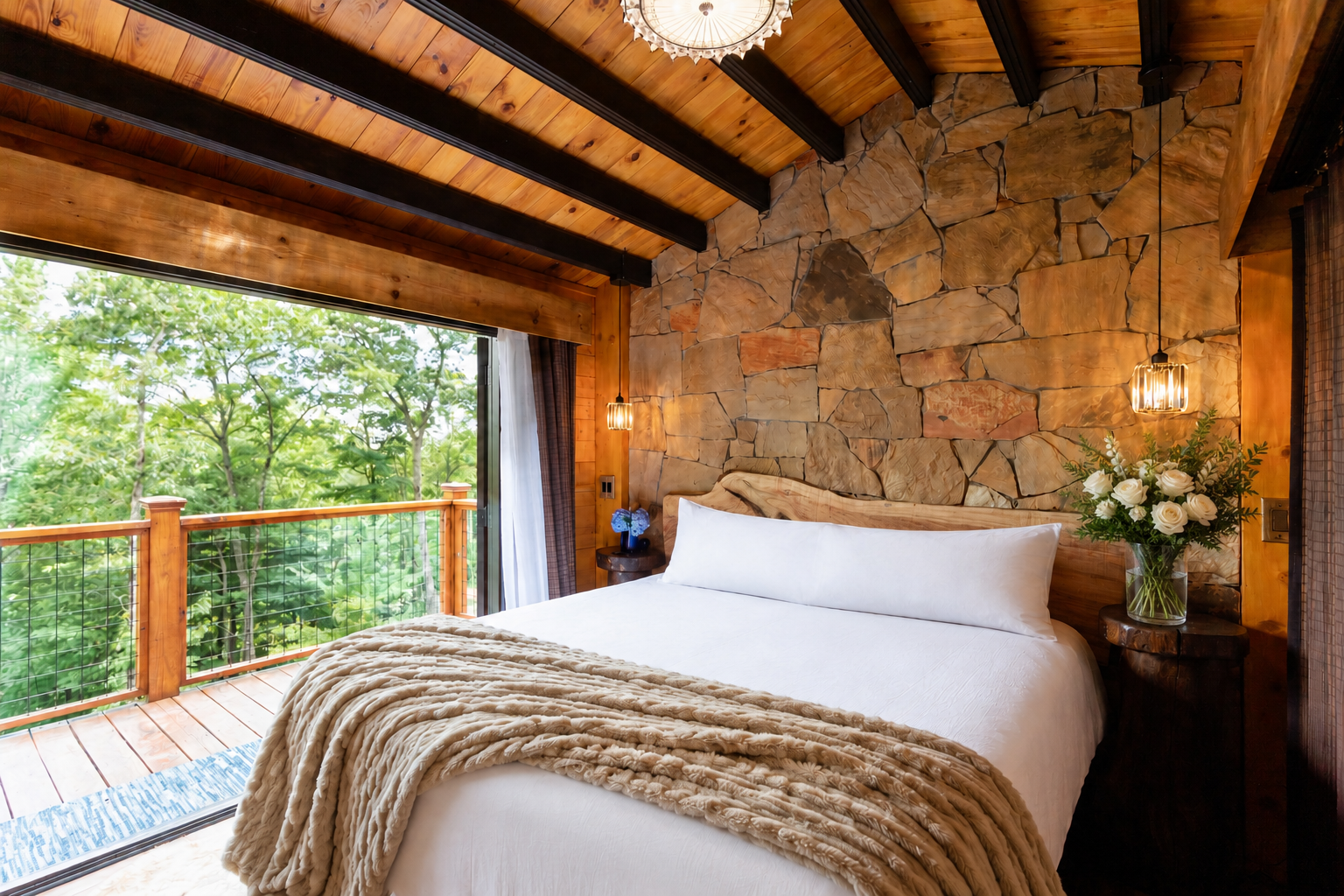 Rustic bedroom with wood beams, stone wall, white bed, and a balcony overlooking trees