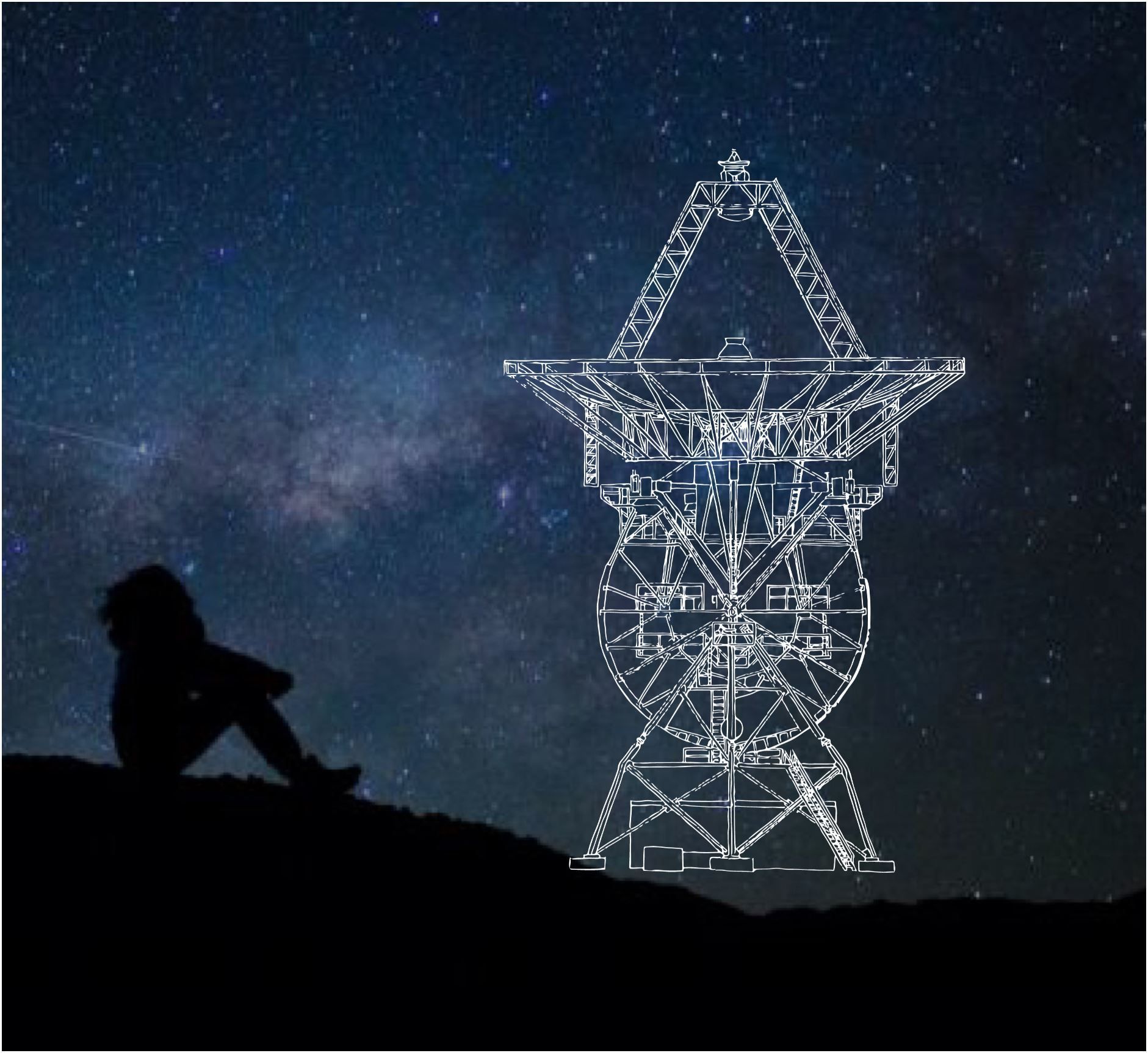 a silhouette of a person sitting on a hill with a drawing of a tower in the background