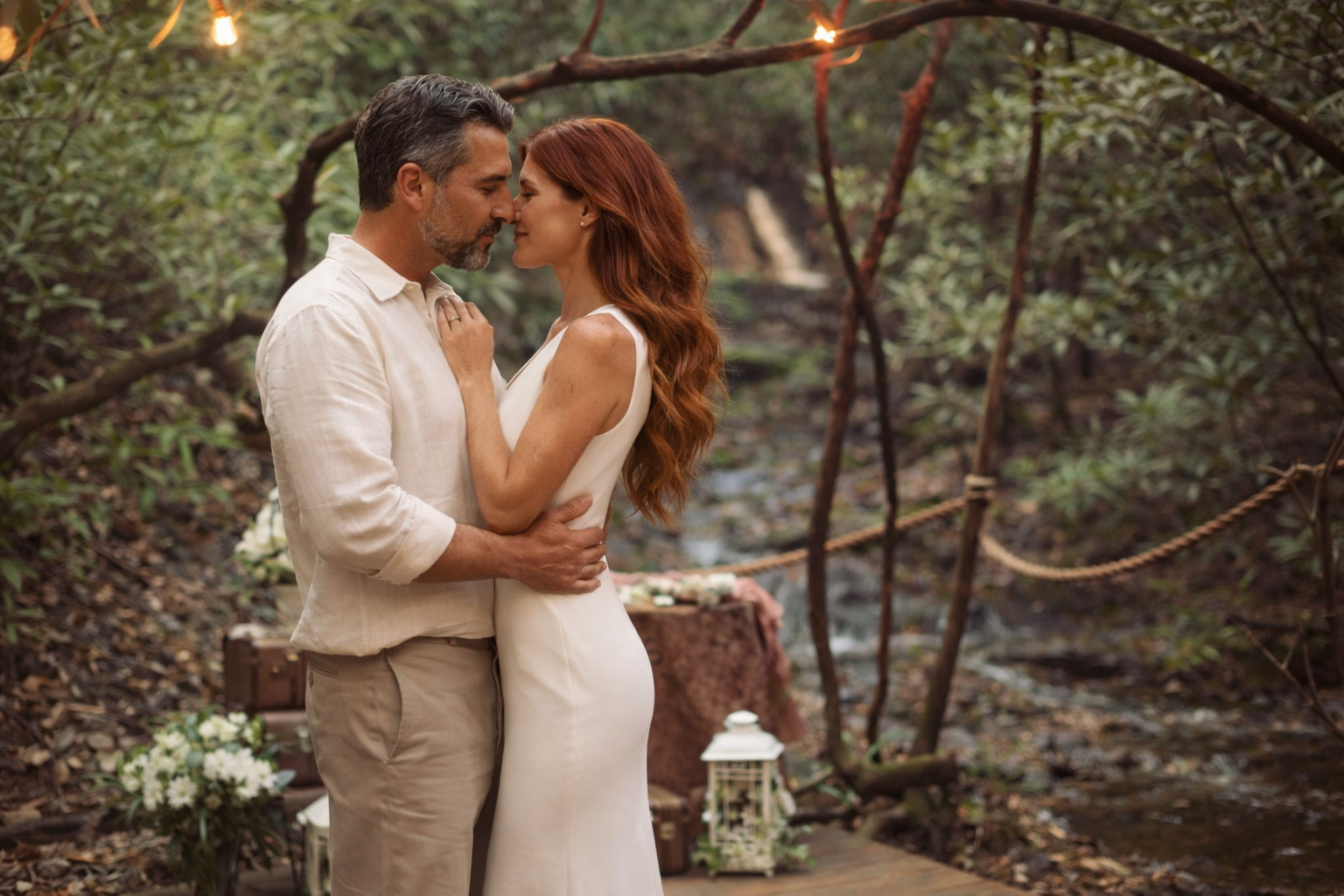 Couple embracing in a wooded garden at dusk, with string lights and a lantern nearby.